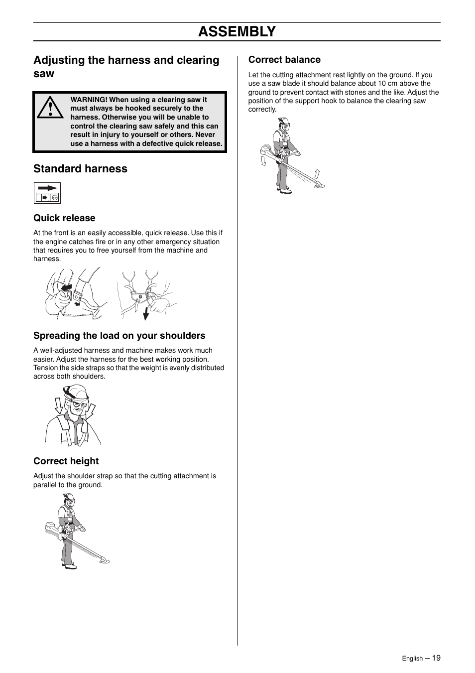 Adjusting the harness and clearing saw, Standard harness, Quick release | Spreading the load on your shoulders, Correct height, Correct balance, Assembly | Husqvarna 324RX-Series User Manual | Page 19 / 36