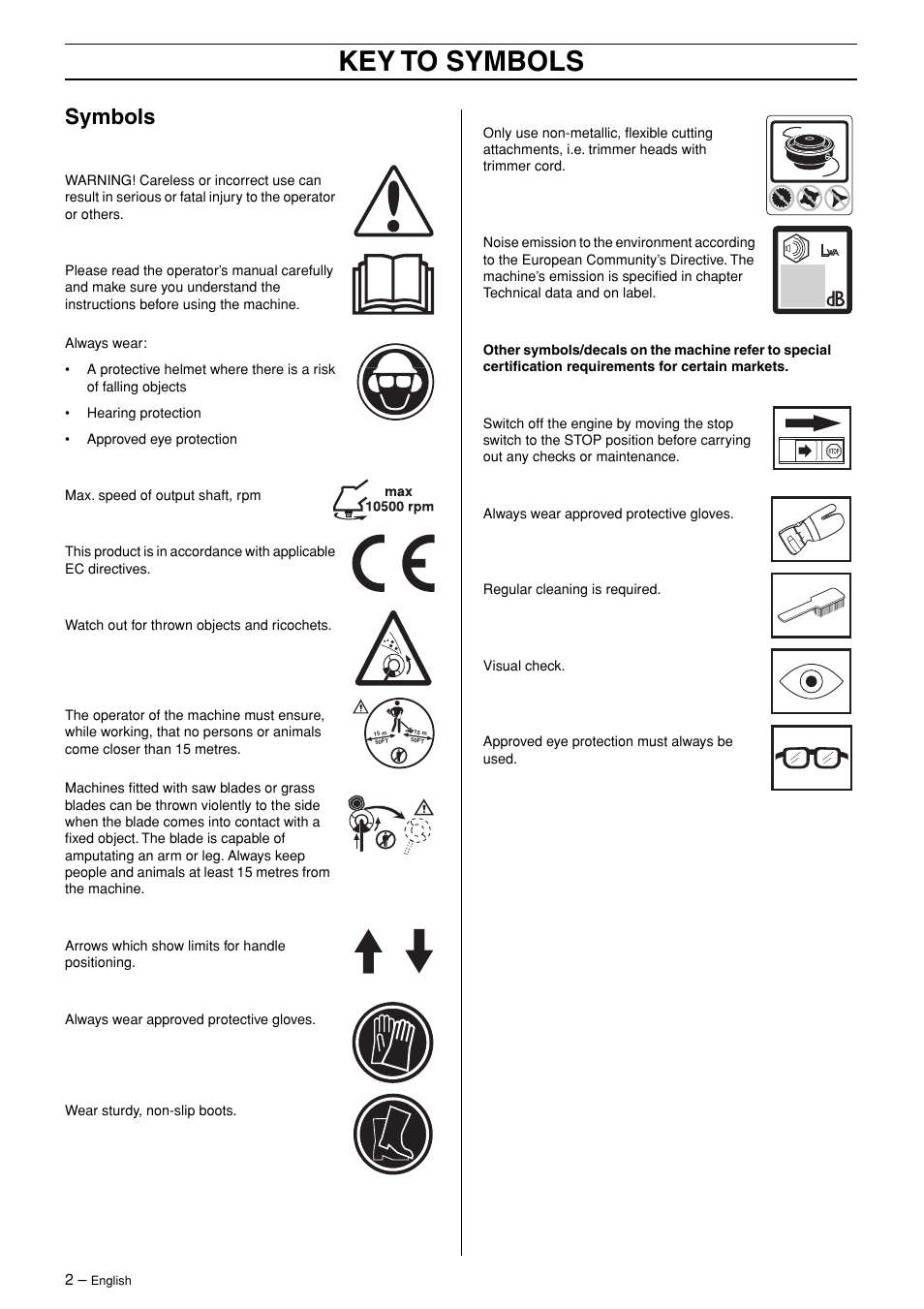 Symbols, Key to symbols | Husqvarna 324RX-Series User Manual | Page 2 / 36