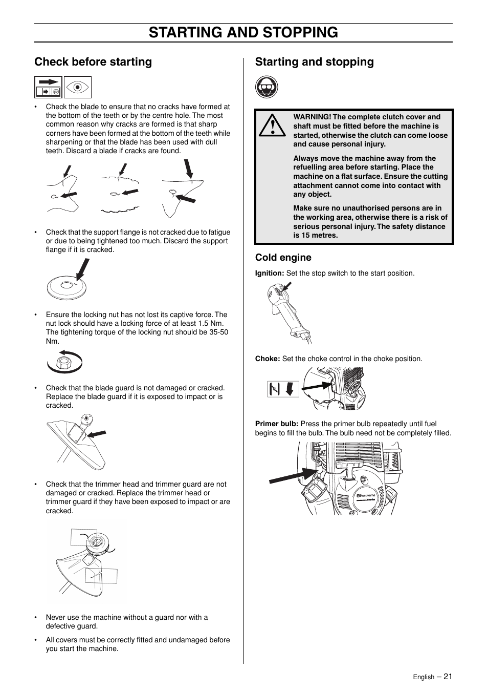 Check before starting, Starting and stopping, Cold engine | Husqvarna 324RX-Series User Manual | Page 21 / 36