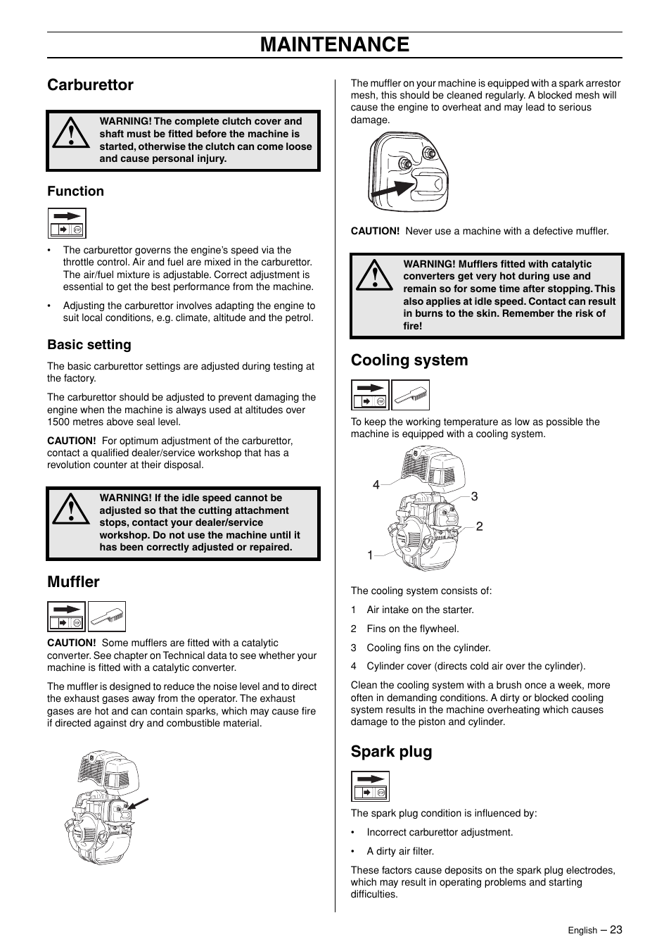 Carburettor, Function, Basic setting | Muffler, Cooling system, Spark plug, Maintenance | Husqvarna 324RX-Series User Manual | Page 23 / 36