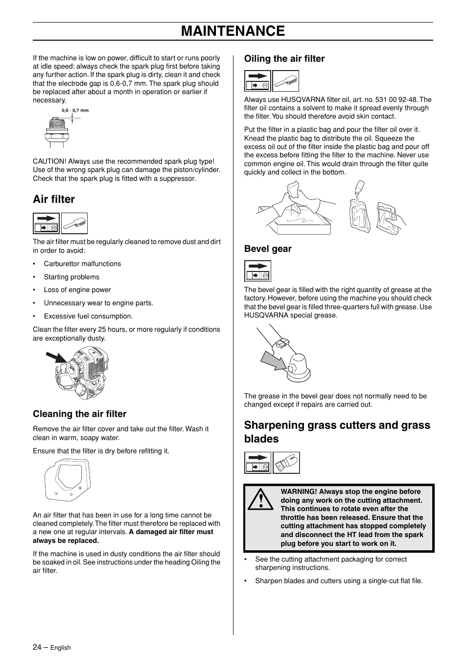 Air filter, Cleaning the air filter, Oiling the air filter | Bevel gear, Sharpening grass cutters and grass blades, Maintenance | Husqvarna 324RX-Series User Manual | Page 24 / 36