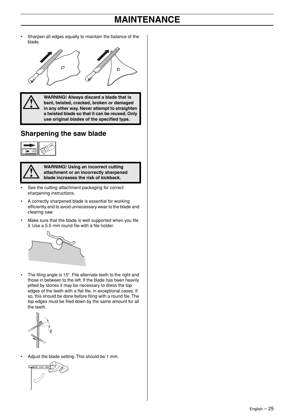 Sharpening the saw blade, Maintenance | Husqvarna 324RX-Series User Manual | Page 25 / 36
