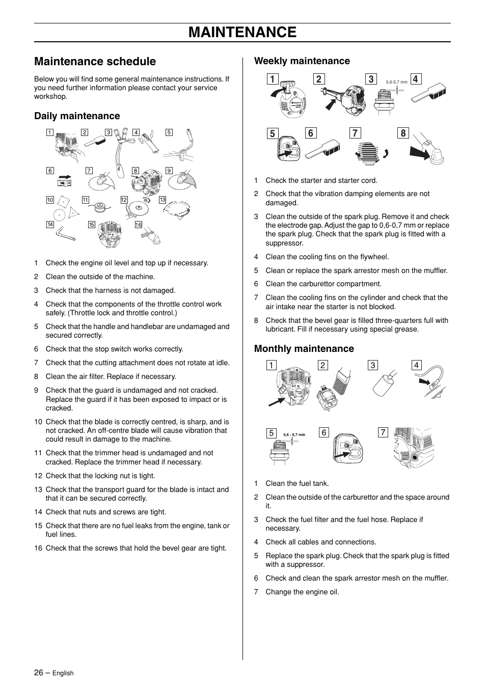 Maintenance schedule, Daily maintenance, Weekly maintenance | Monthly maintenance, Maintenance | Husqvarna 324RX-Series User Manual | Page 26 / 36