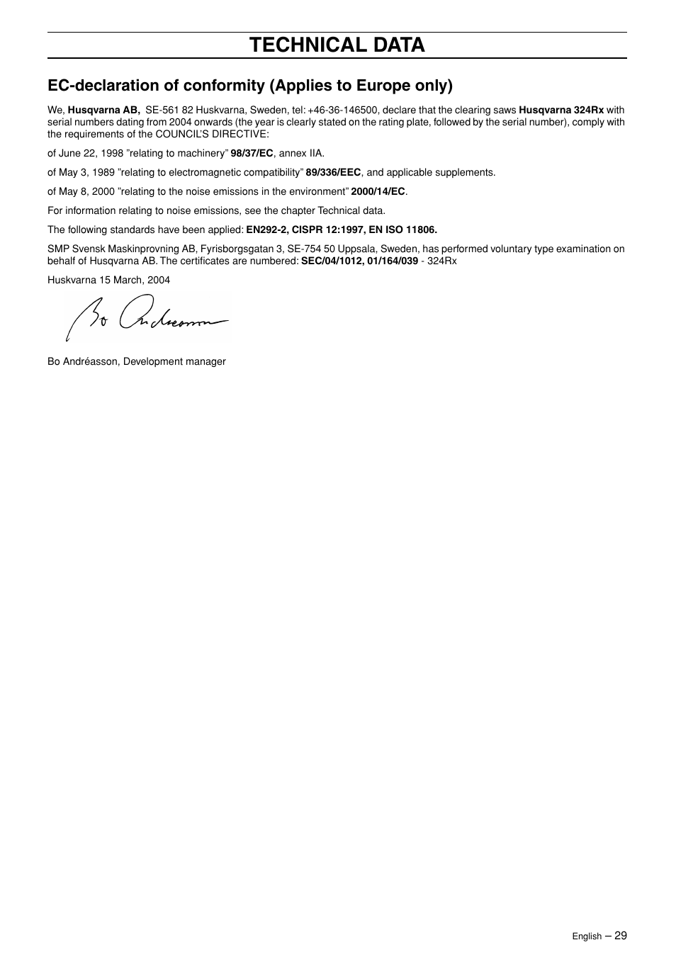 Technical data | Husqvarna 324RX-Series User Manual | Page 29 / 36