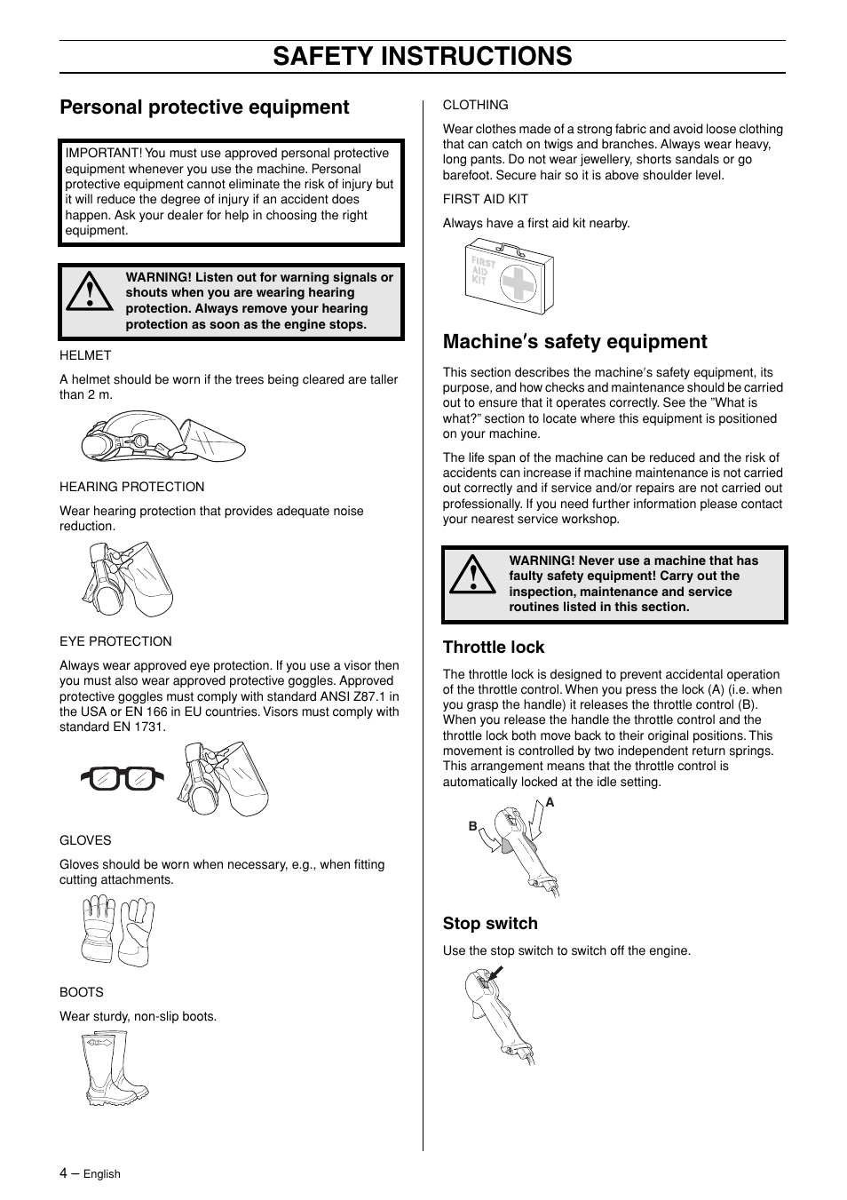 Personal protective equipment, Machine¢s safety equipment, Throttle lock | Stop switch, Safety instructions, Machine ′′′′ s safety equipment | Husqvarna 324RX-Series User Manual | Page 4 / 36