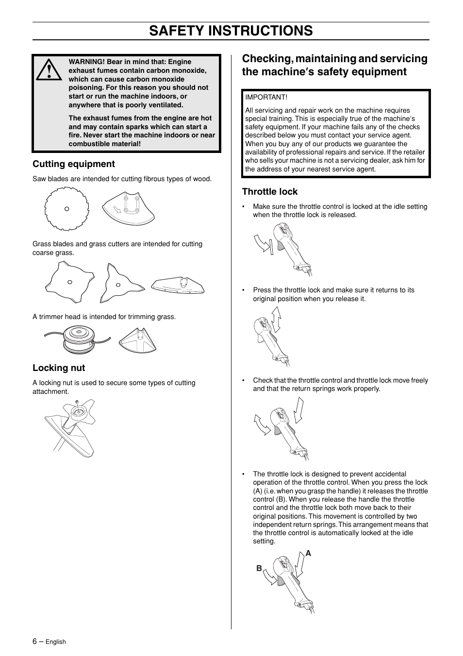Cutting equipment, Locking nut, Throttle lock | Safety instructions | Husqvarna 324RX-Series User Manual | Page 6 / 36