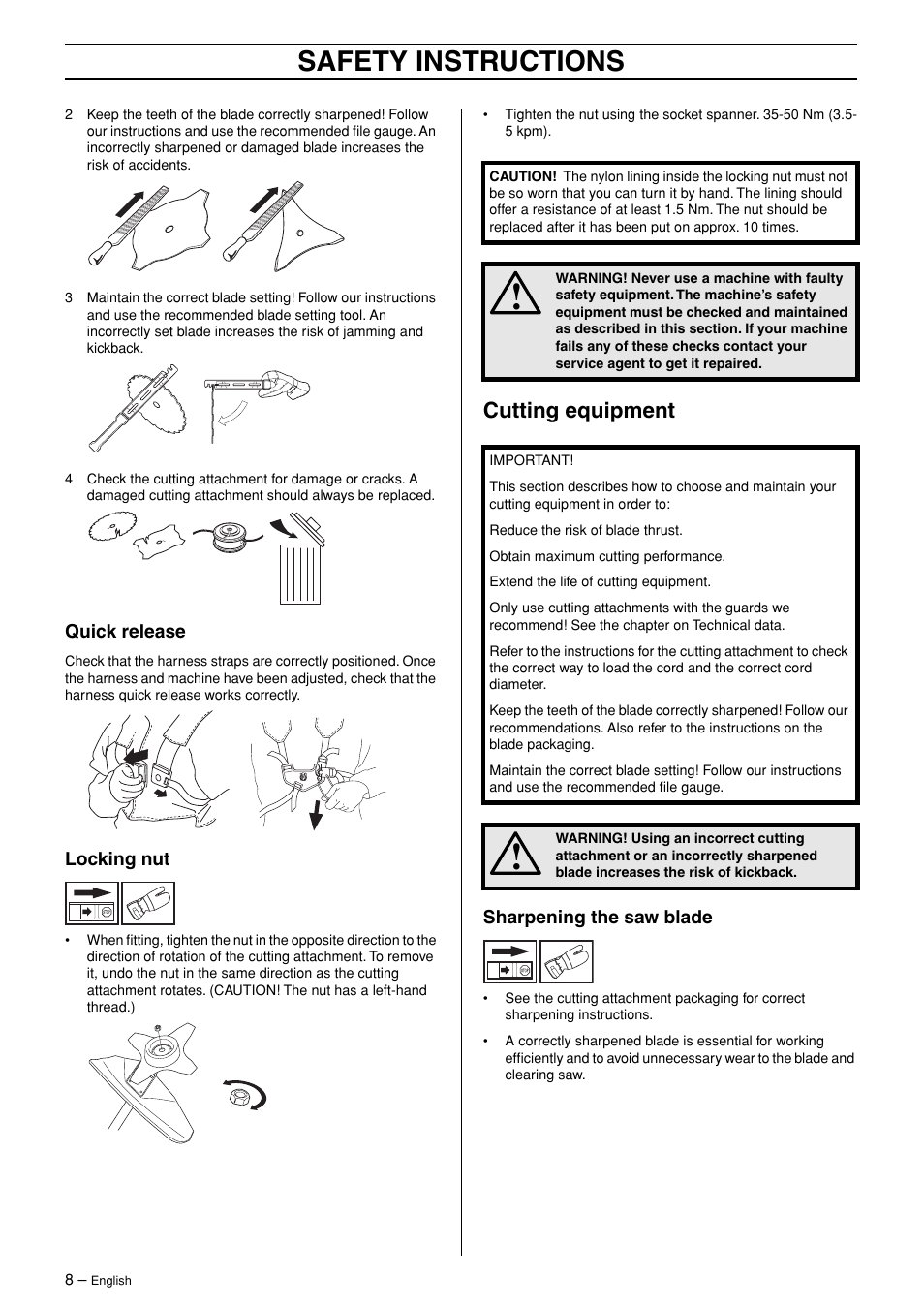 Quick release, Locking nut, Cutting equipment | Sharpening the saw blade, Safety instructions | Husqvarna 324RX-Series User Manual | Page 8 / 36