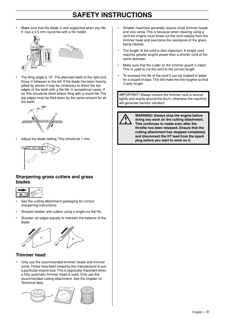 Sharpening grass cutters and grass blades, Trimmer head, Safety instructions | Husqvarna 324RX-Series User Manual | Page 9 / 36