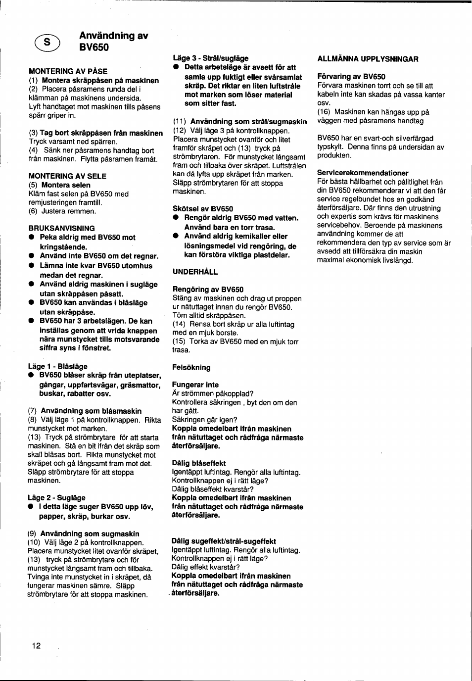 Användning av bv650 | Husqvarna BV650 User Manual | Page 12 / 27