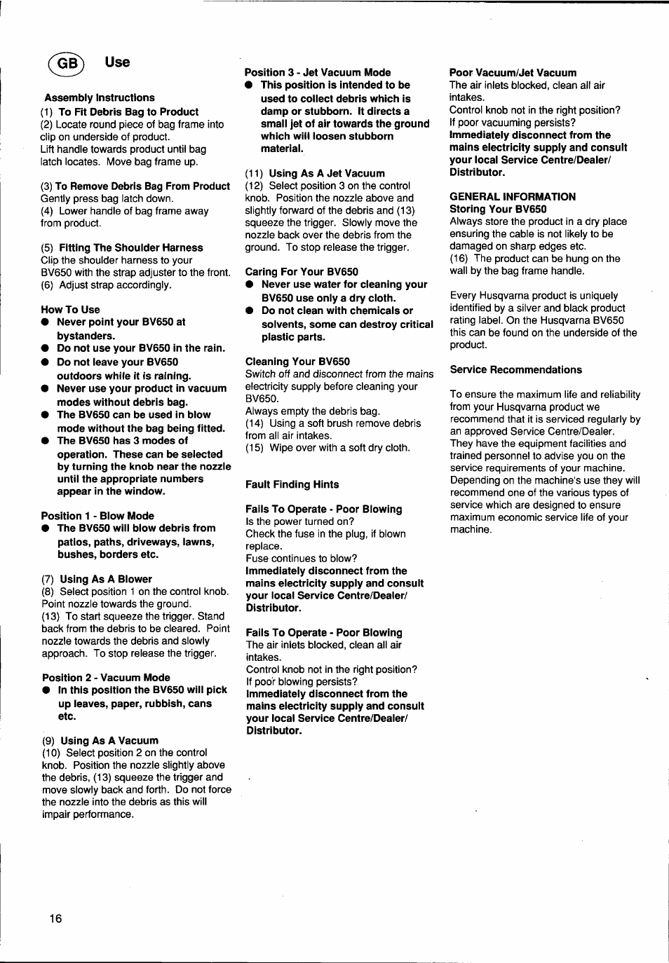 Husqvarna BV650 User Manual | Page 16 / 27