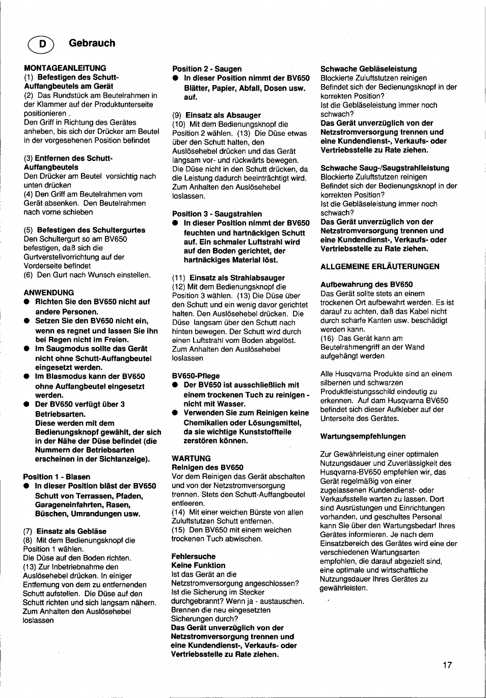 Gebrauch | Husqvarna BV650 User Manual | Page 17 / 27