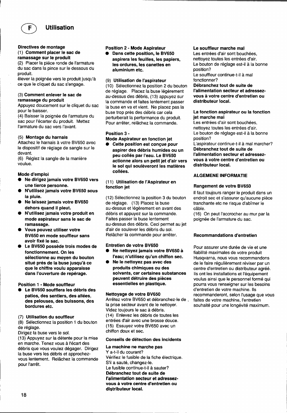 Utilisation | Husqvarna BV650 User Manual | Page 18 / 27