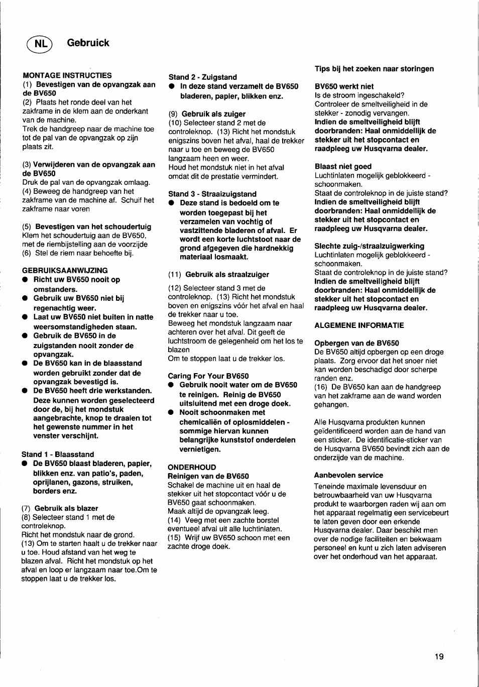 Gebruick | Husqvarna BV650 User Manual | Page 19 / 27