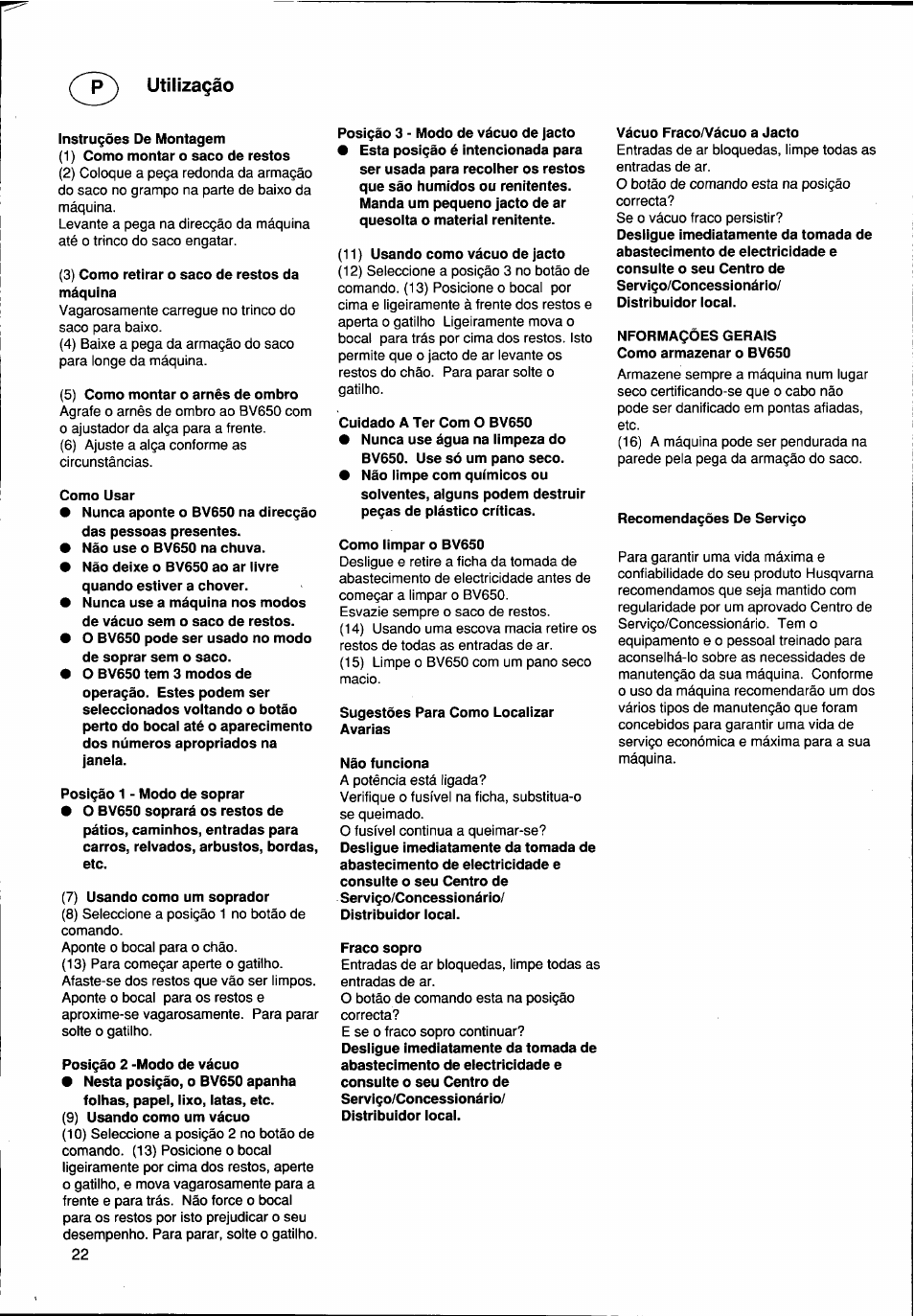 Utilizagào | Husqvarna BV650 User Manual | Page 22 / 27