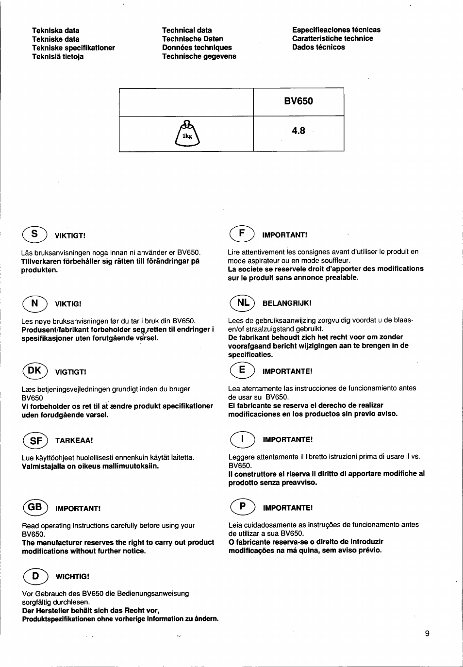 Husqvarna BV650 User Manual | Page 9 / 27