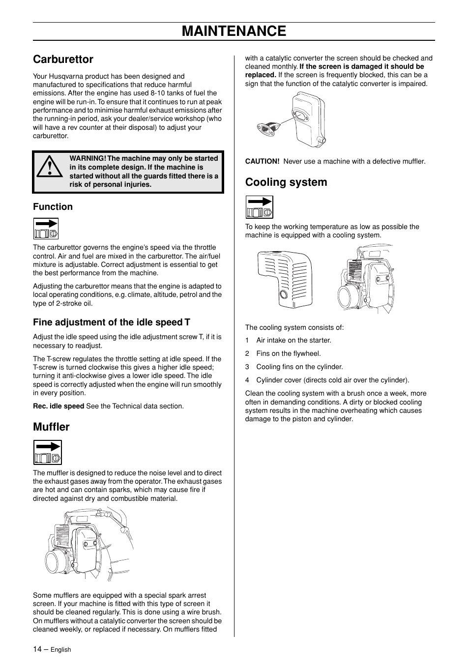 Carburettor, Function, Fine adjustment of the idle speed t | Muffler, Cooling system, Maintenance | Husqvarna 125BT User Manual | Page 14 / 20