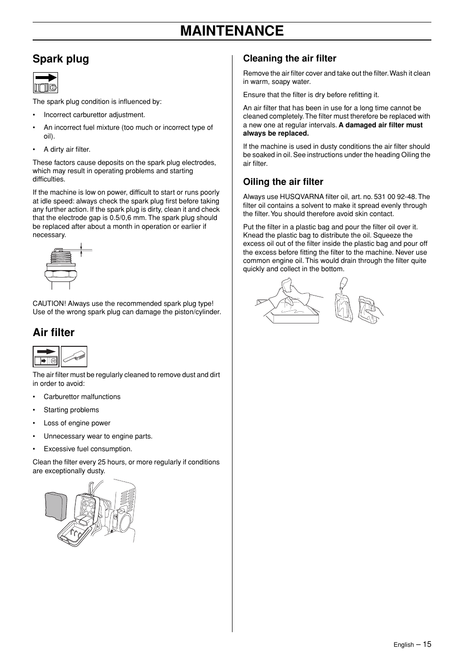 Spark plug, Air filter, Cleaning the air filter | Oiling the air filter, Maintenance | Husqvarna 125BT User Manual | Page 15 / 20