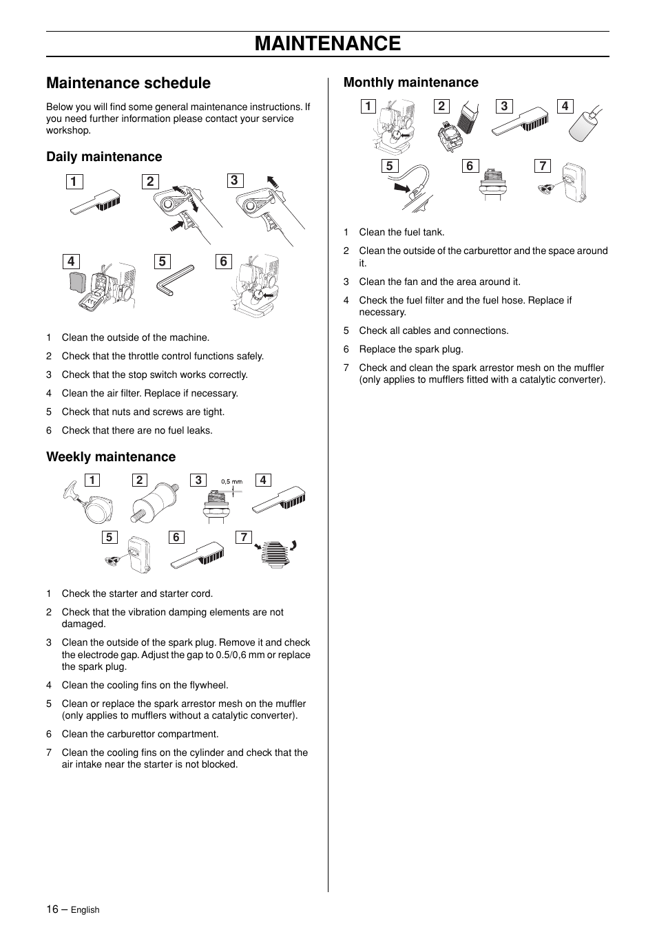 Maintenance schedule, Daily maintenance, Weekly maintenance | Monthly maintenance, Maintenance | Husqvarna 125BT User Manual | Page 16 / 20