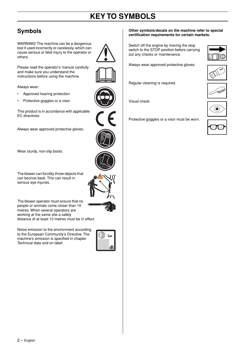 Symbols, Key to symbols | Husqvarna 125BT User Manual | Page 2 / 20