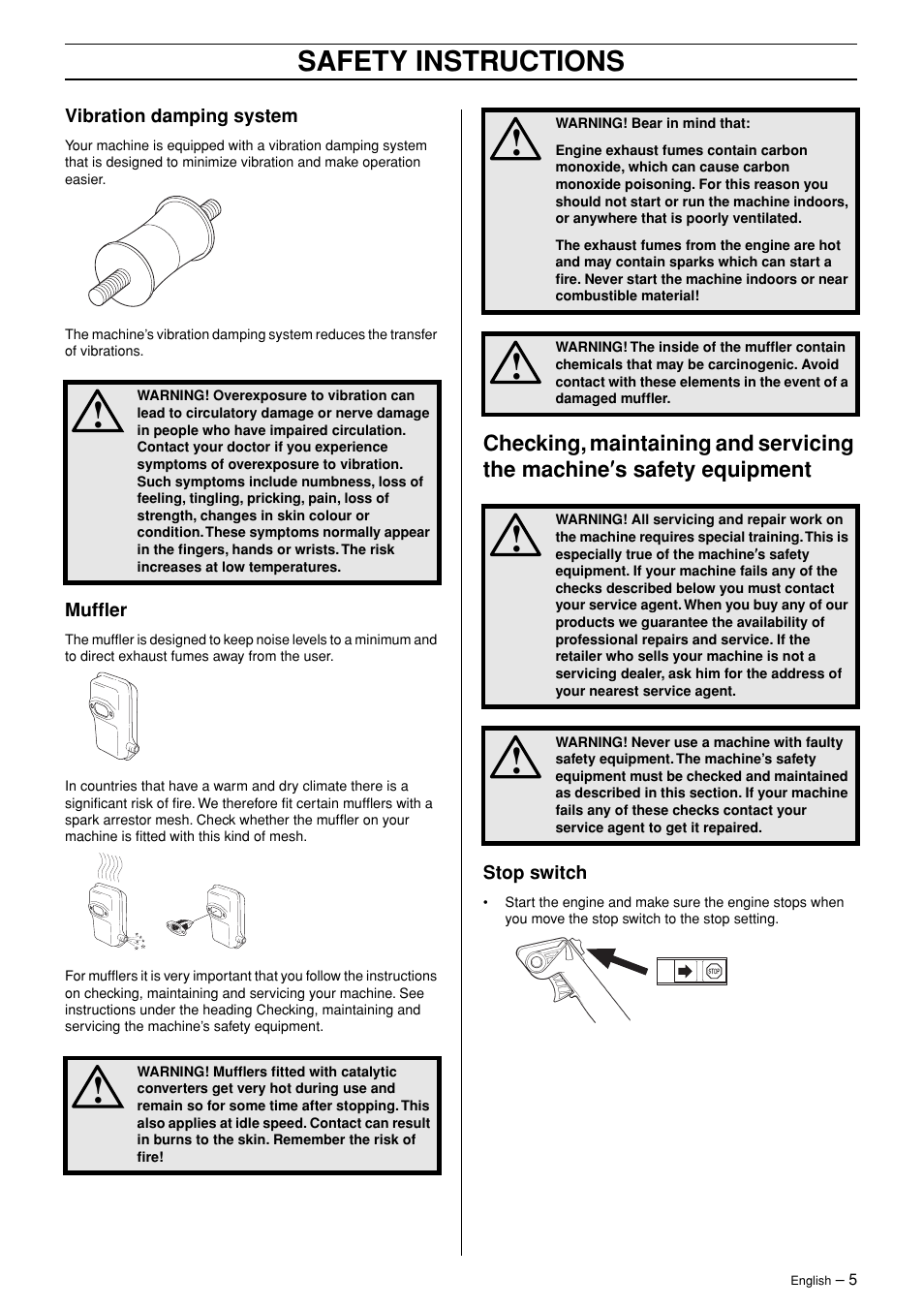 Vibration damping system, Muffler, Stop switch | Safety instructions | Husqvarna 125BT User Manual | Page 5 / 20