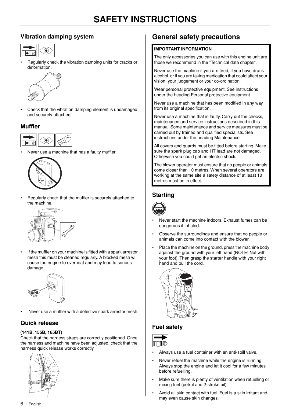 Vibration damping system, Muffler, Quick release | General safety precautions, Starting, Fuel safety, Safety instructions | Husqvarna 125BT User Manual | Page 6 / 20