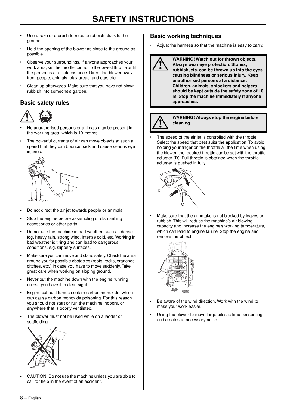 Basic safety rules, Basic working techniques, Safety instructions | Husqvarna 125BT User Manual | Page 8 / 20