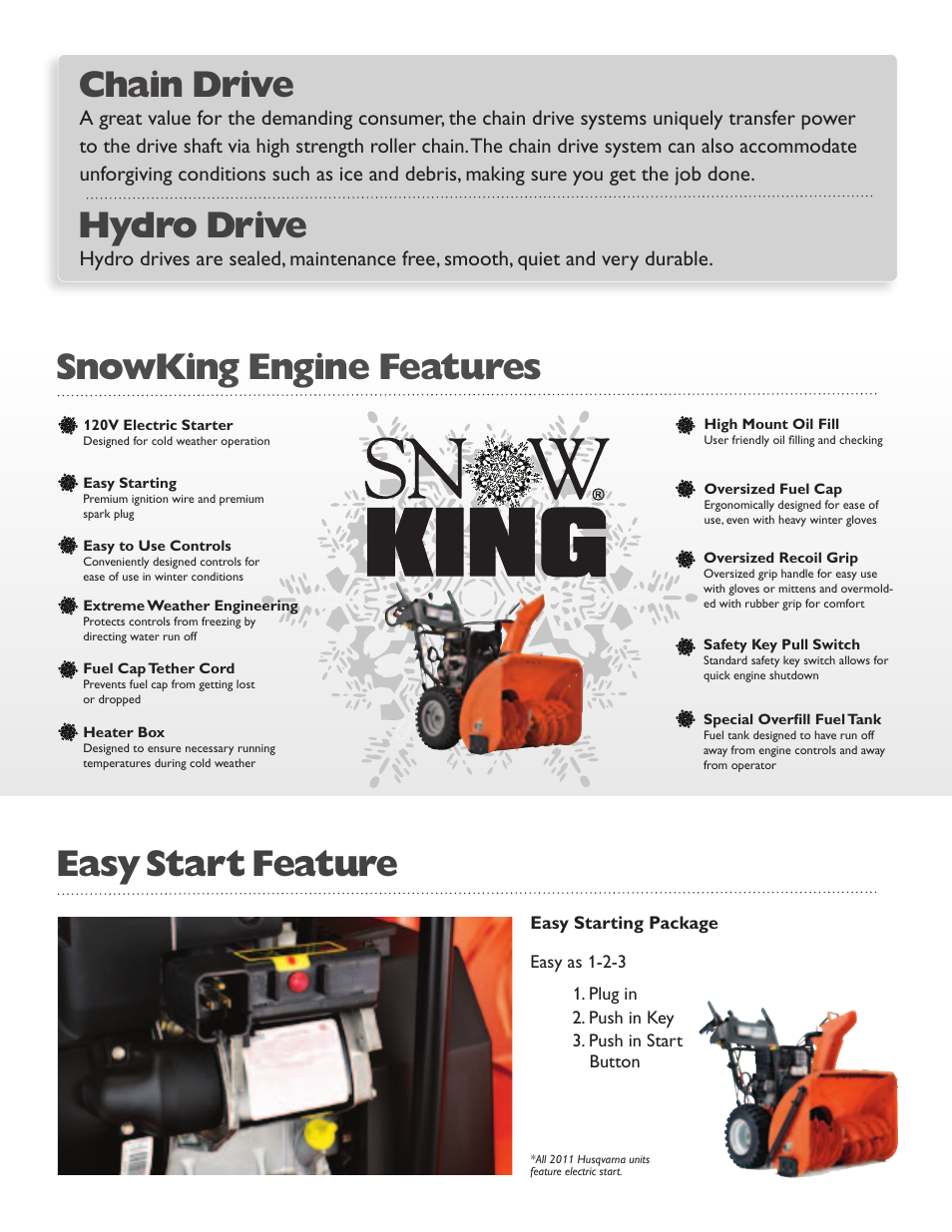 Not sure if this logo is current, Snowking engine features, Easy start feature chain drive | Hydro drive | Husqvarna Snow Throwers 16527EXLT User Manual | Page 2 / 6