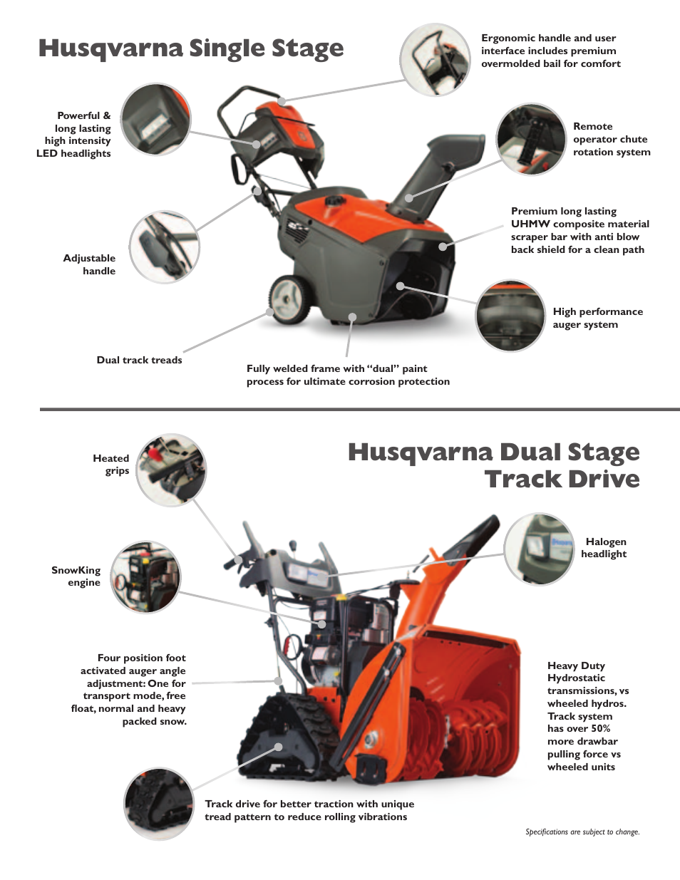 Husqvarna single stage, Husqvarna dual stage track drive | Husqvarna Snow Throwers 16527EXLT User Manual | Page 3 / 6