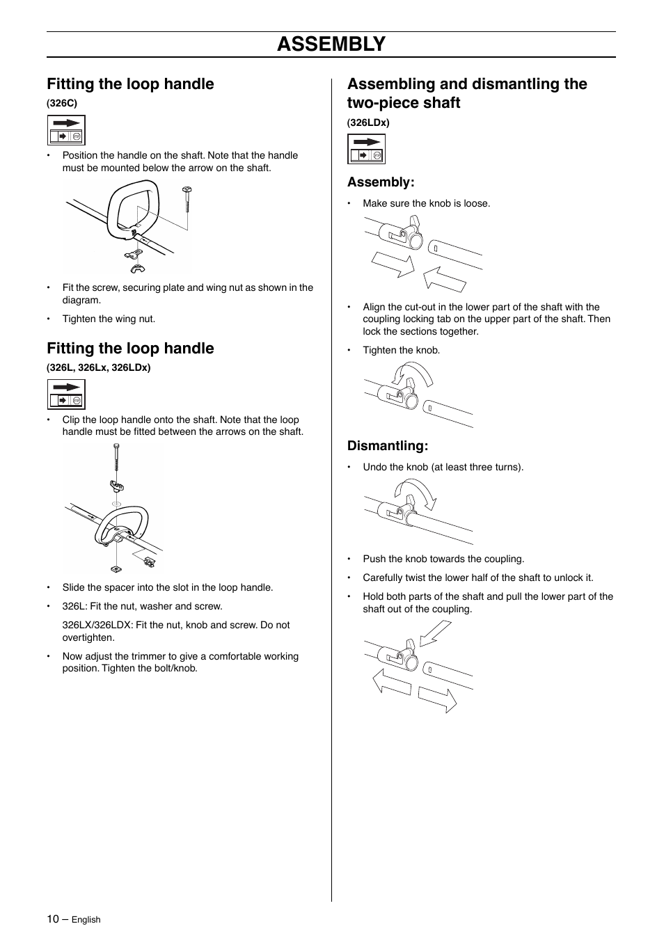 Assembly, Fitting the loop handle, Assembling and dismantling the two-piece shaft | Husqvarna 326Lx User Manual | Page 10 / 40