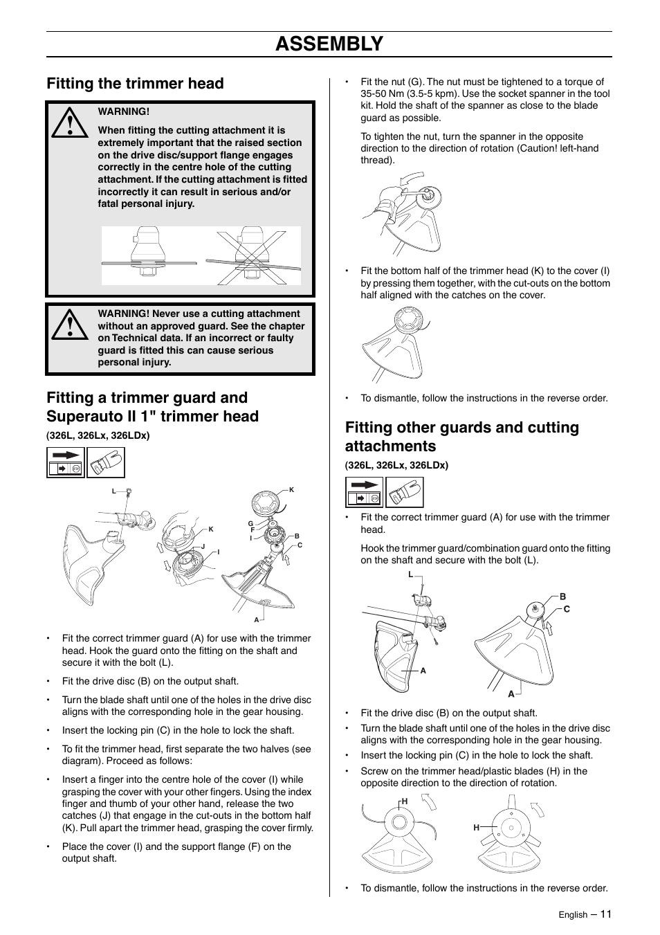 Assembly, Fitting other guards and cutting attachments | Husqvarna 326Lx User Manual | Page 11 / 40