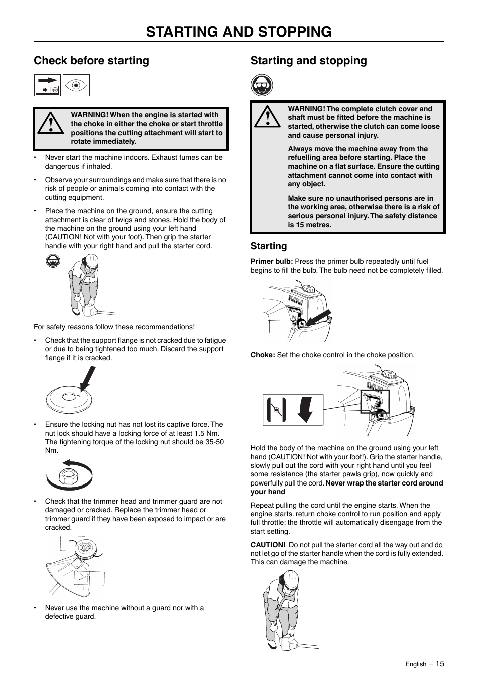 Starting and stopping, Check before starting | Husqvarna 326Lx User Manual | Page 15 / 40