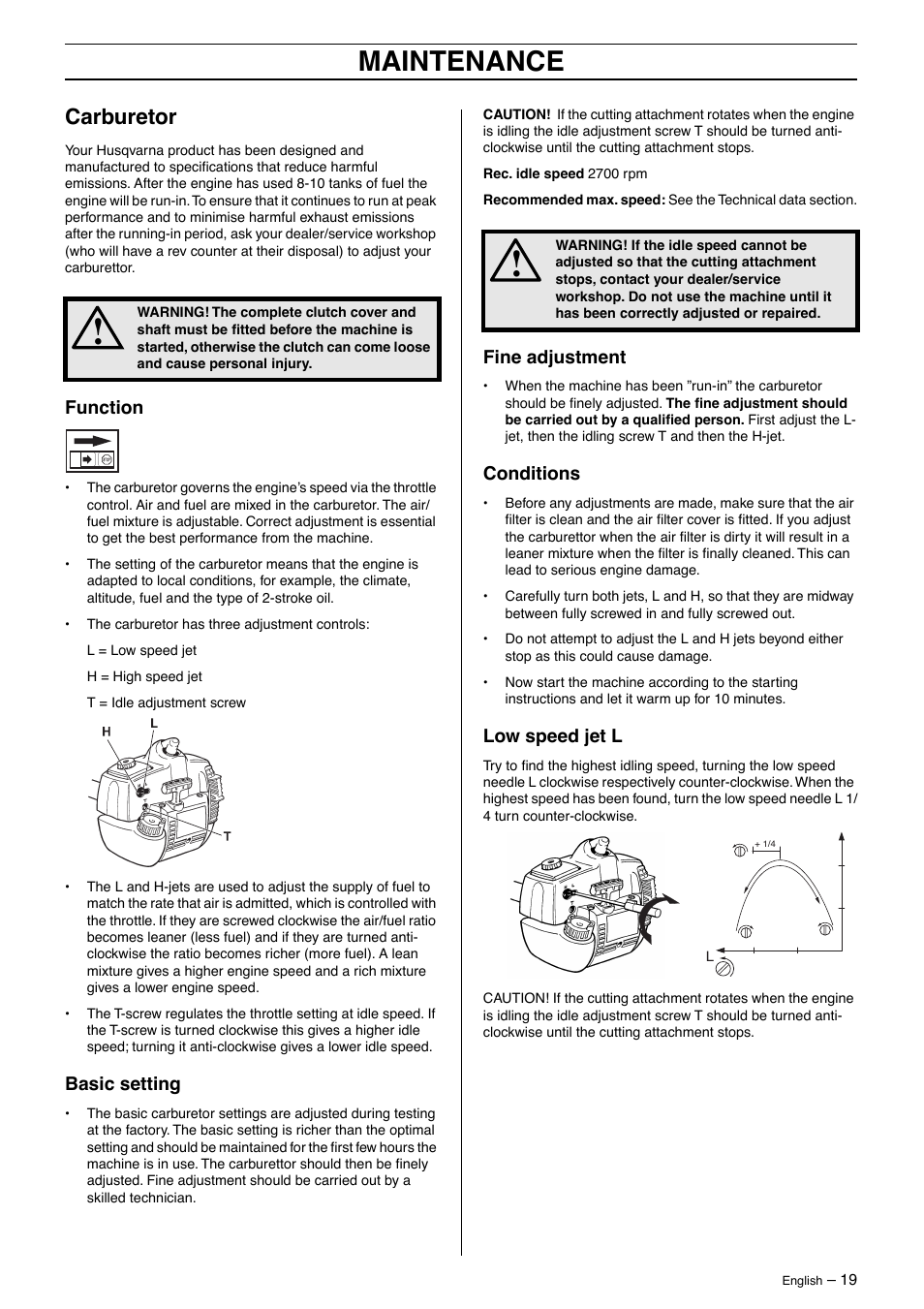Maintenance, Carburetor | Husqvarna 326Lx User Manual | Page 19 / 40