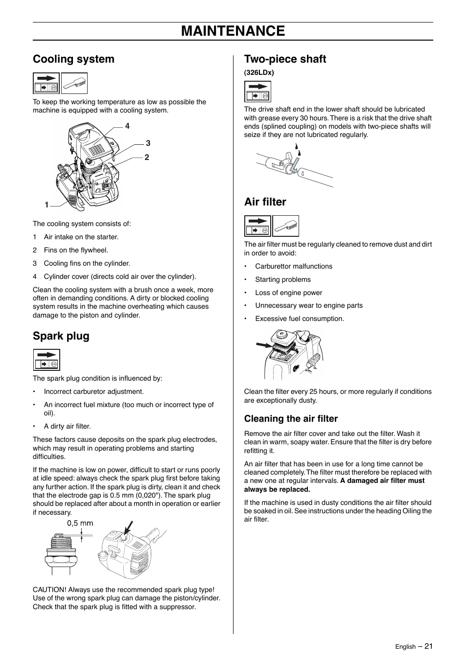 Maintenance, Cooling system, Spark plug | Two-piece shaft, Air filter, Cleaning the air filter | Husqvarna 326Lx User Manual | Page 21 / 40