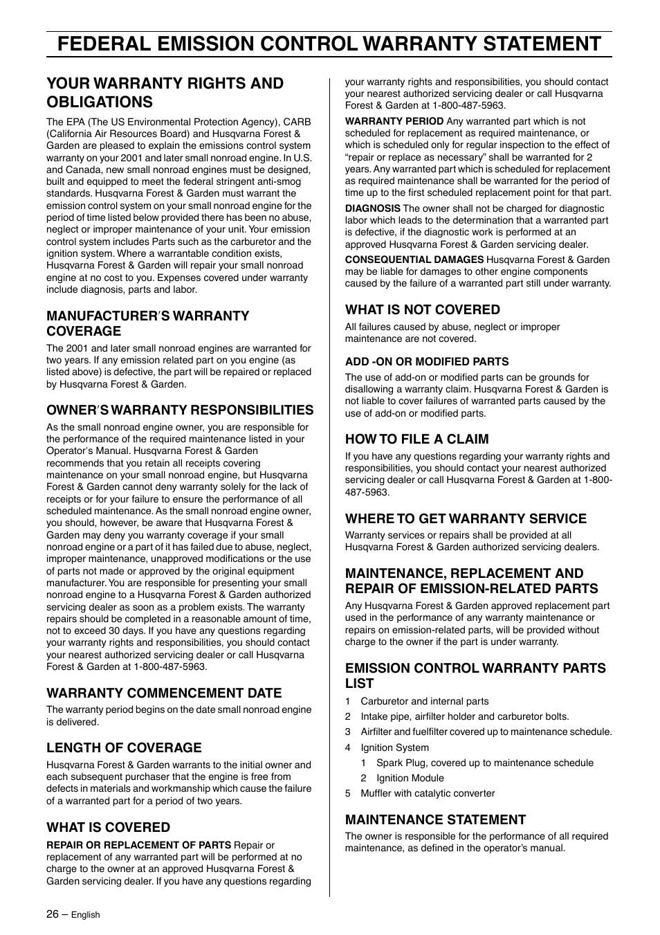 Federal emission control warranty statement, Your warranty rights and obligations | Husqvarna 326Lx User Manual | Page 26 / 40