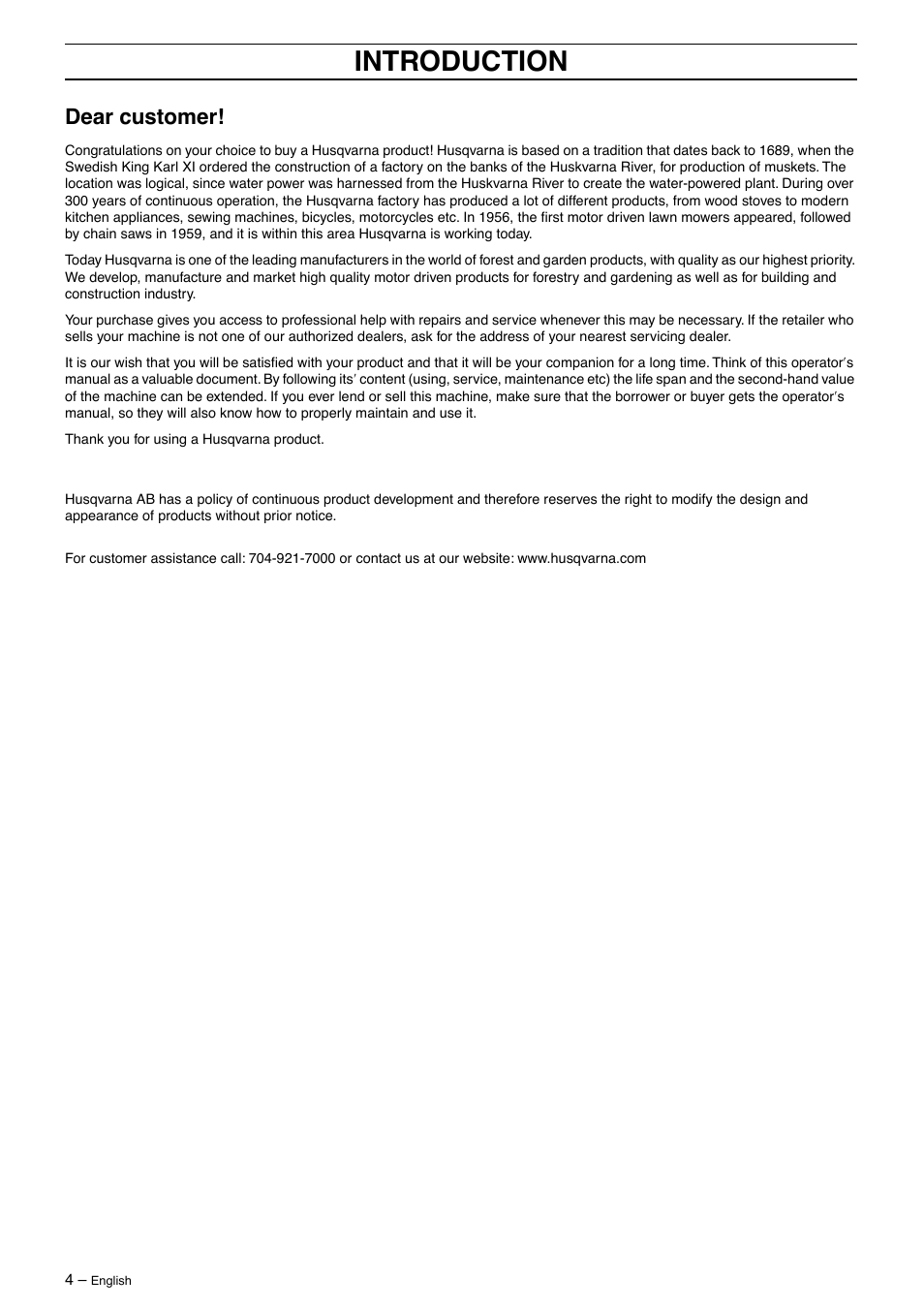 Introduction, Dear customer | Husqvarna 326Lx User Manual | Page 4 / 40
