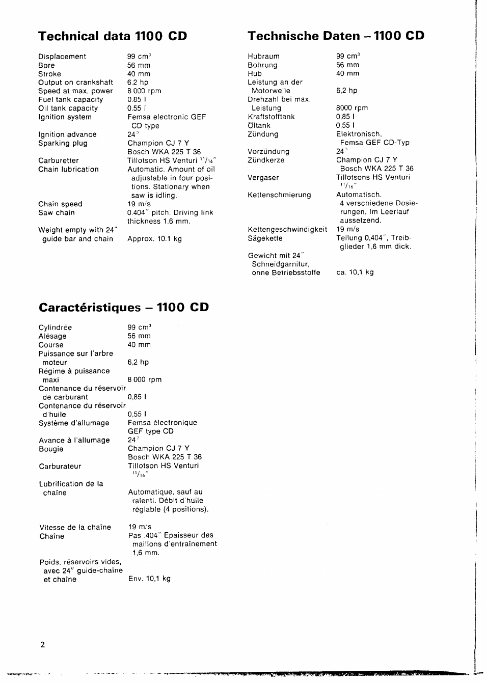 Caractéristiques - 1100 cd | Husqvarna 1100 CD User Manual | Page 2 / 38
