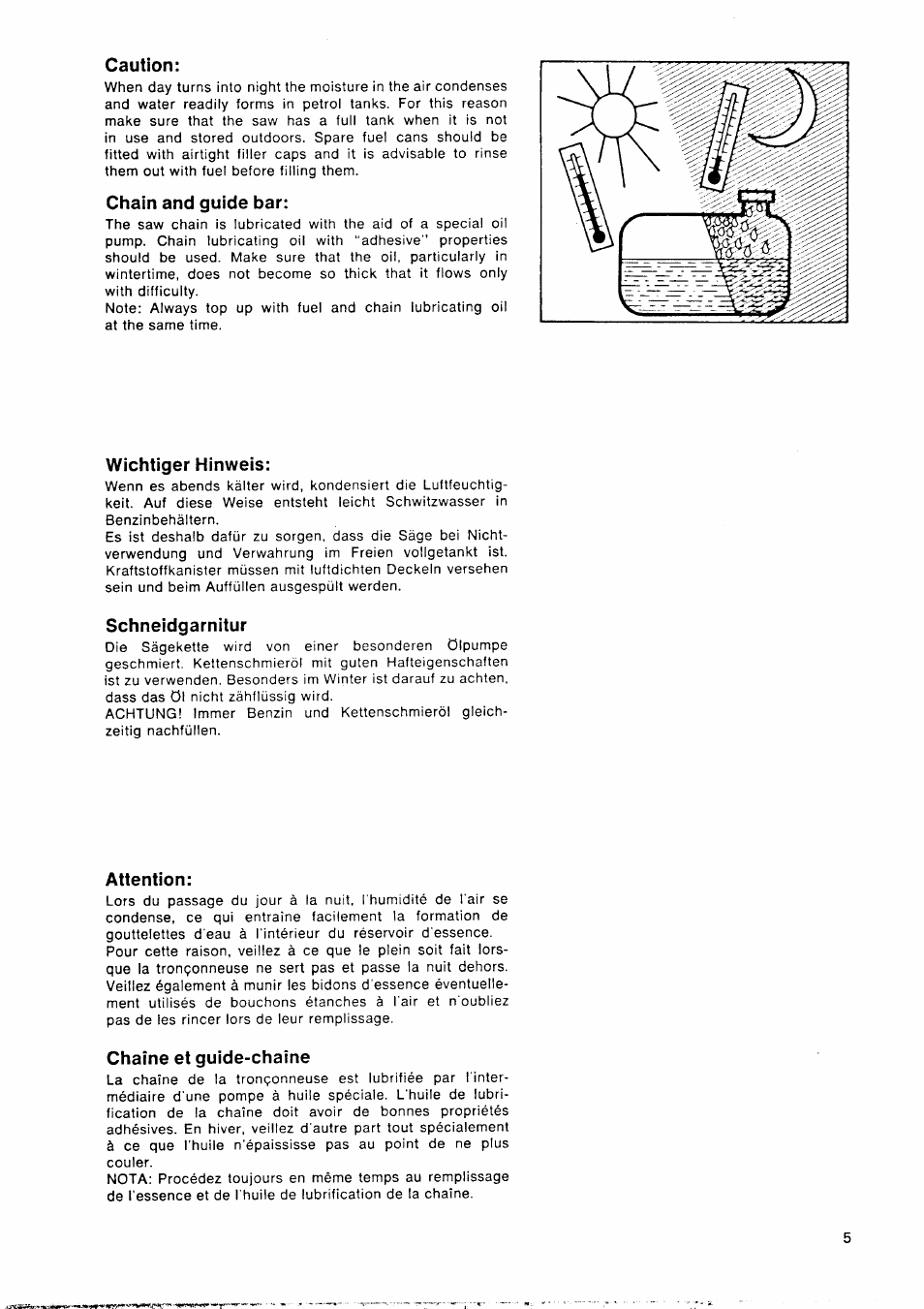 Caution, Chain and guide bar, Wichtiger hinweis | Schneidgarnitur, Attention, Chaîne et guide-chaîne | Husqvarna 1100 CD User Manual | Page 5 / 38