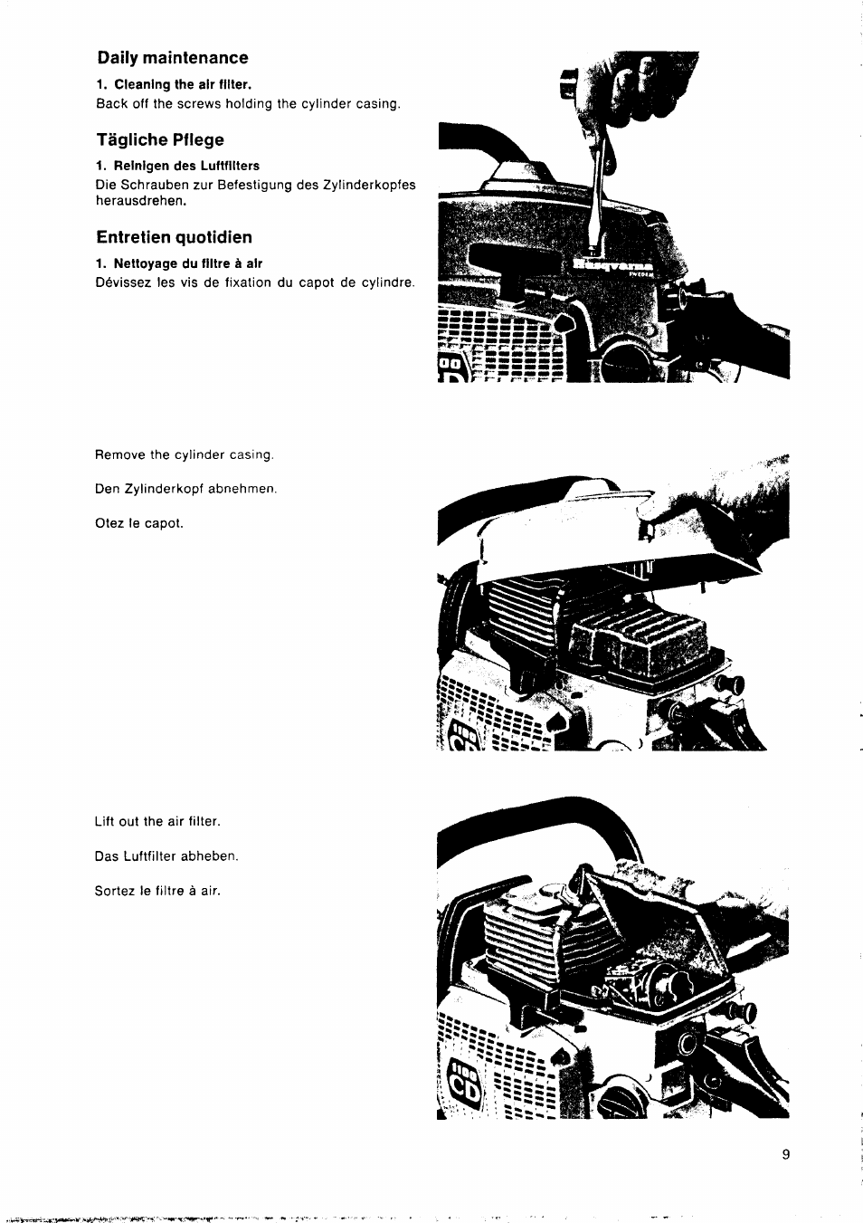 Daily maintenance, Cleaning the air filter, Tägliche pflege | Reinigen des luftfilters, Entretien quotidien, Nettoyage du filtre à air | Husqvarna 1100 CD User Manual | Page 9 / 38