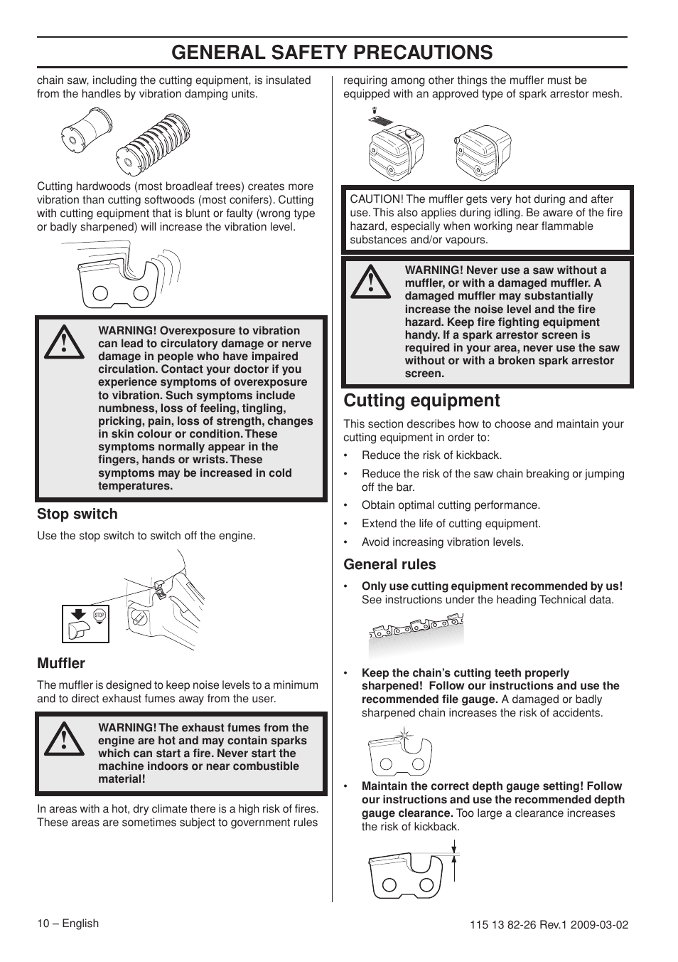 Stop switch, Muffler, Cutting equipment | General rules, General safety precautions | Husqvarna Rancher 455 User Manual | Page 10 / 44