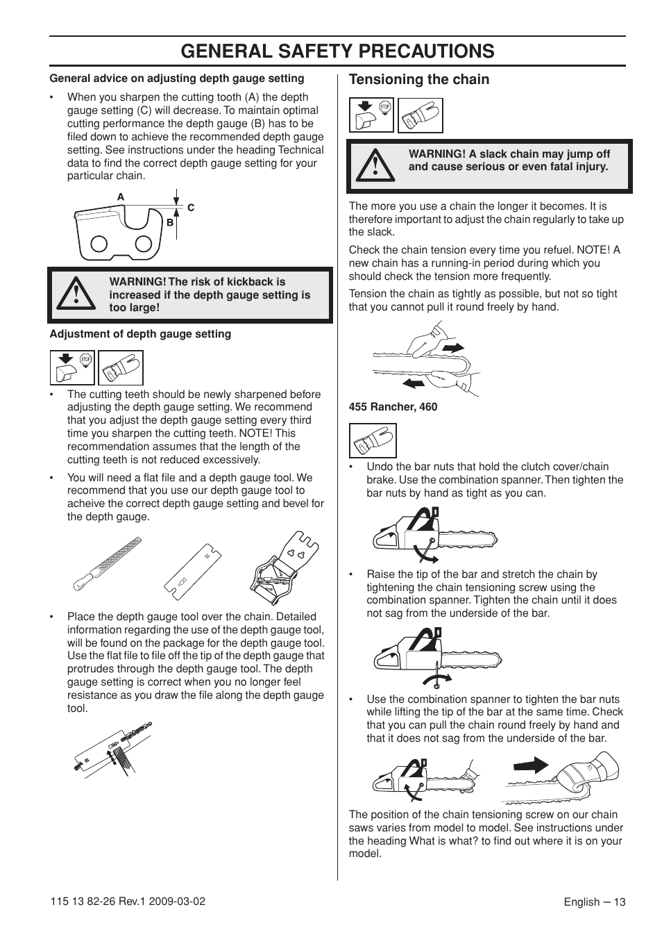 Tensioning the chain, General safety precautions | Husqvarna Rancher 455 User Manual | Page 13 / 44