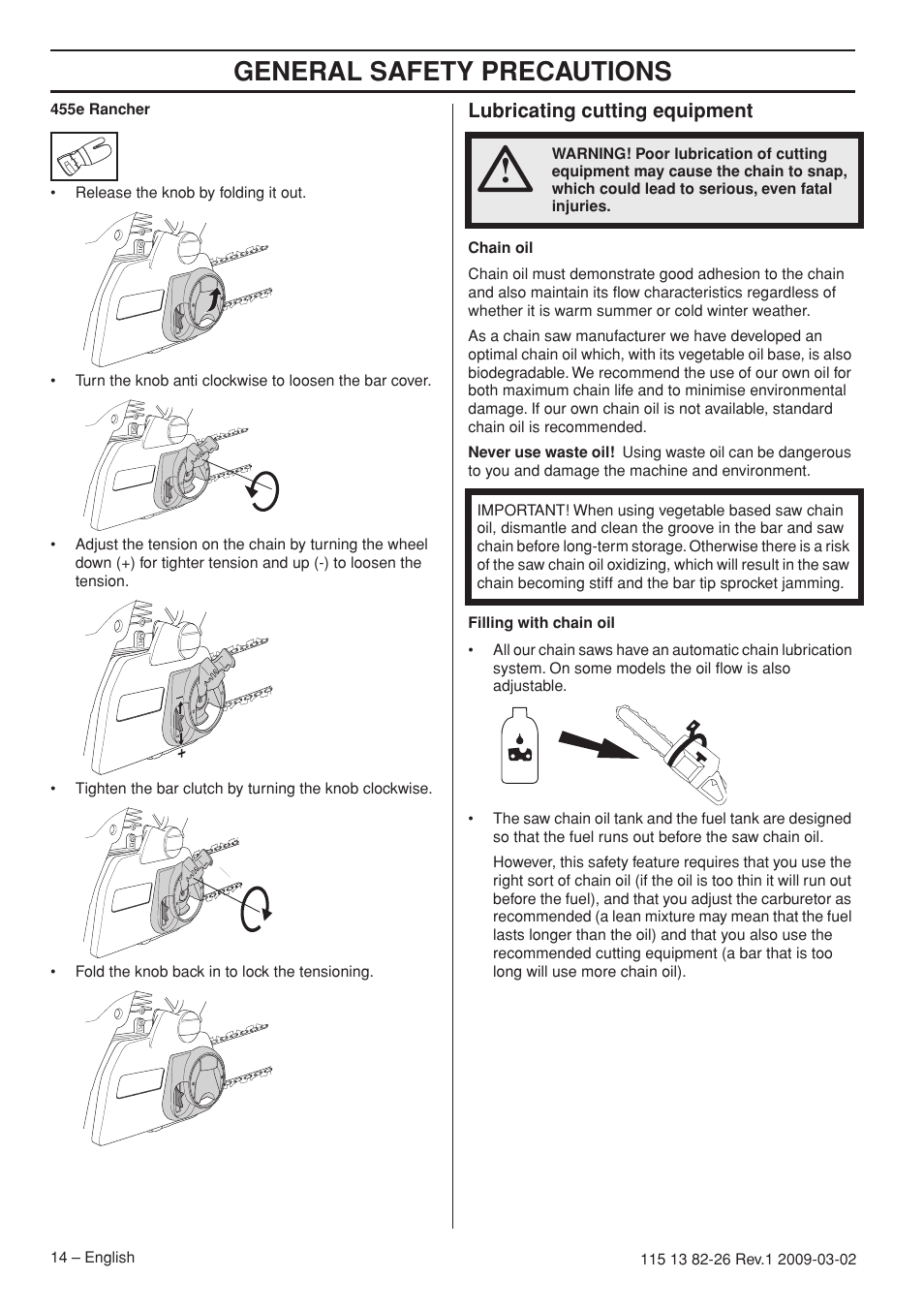 Lubricating cutting equipment, General safety precautions | Husqvarna Rancher 455 User Manual | Page 14 / 44