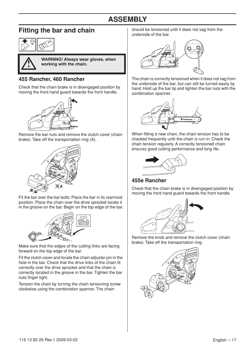 Fitting the bar and chain, 455 rancher, 460 rancher, 455e rancher | Assembly | Husqvarna Rancher 455 User Manual | Page 17 / 44