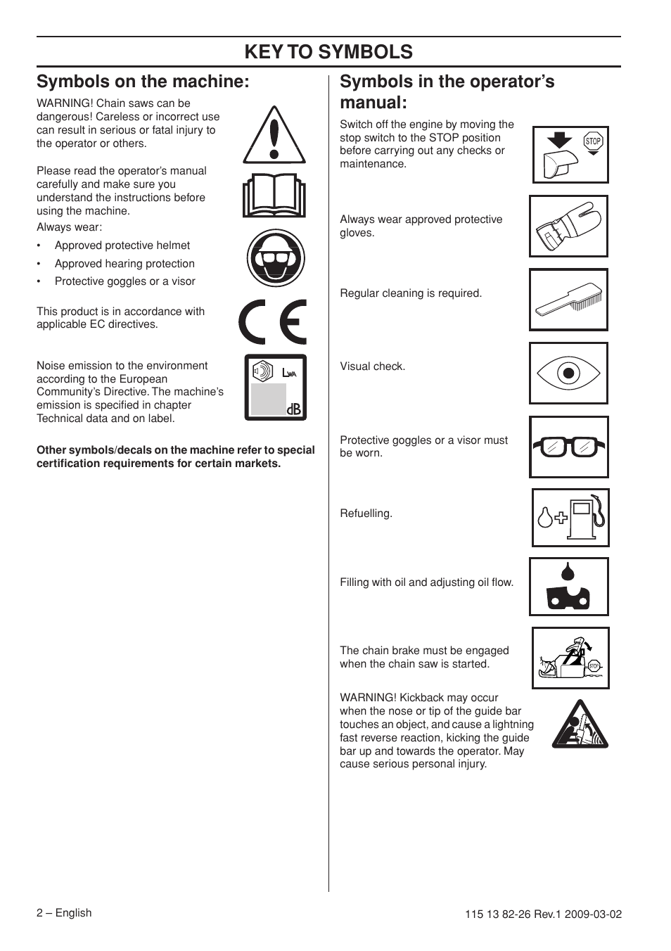 Symbols on the machine, Symbols in the operator’s manual, Key t o symbols | Symbols on the mac hine, Symbols in the operator’ s manual | Husqvarna Rancher 455 User Manual | Page 2 / 44