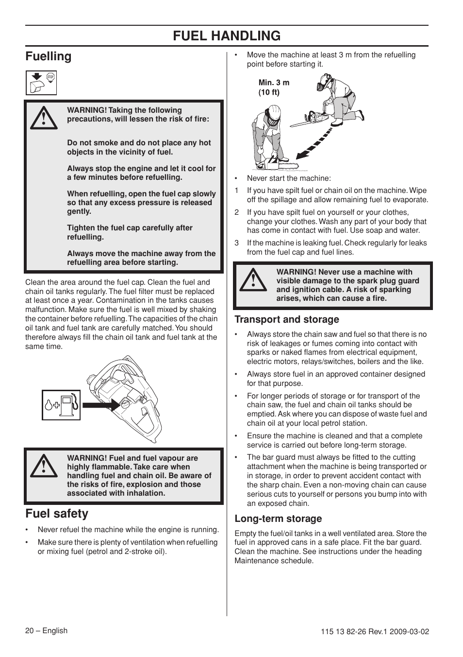 Fuelling, Fuel safety, Transport and storage | Long-term storage, Fuel handling | Husqvarna Rancher 455 User Manual | Page 20 / 44