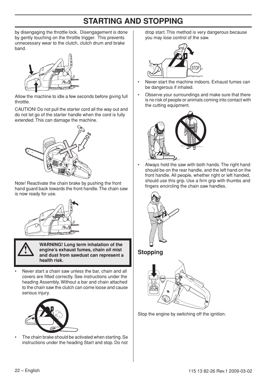 Stopping, Starting and stopping | Husqvarna Rancher 455 User Manual | Page 22 / 44