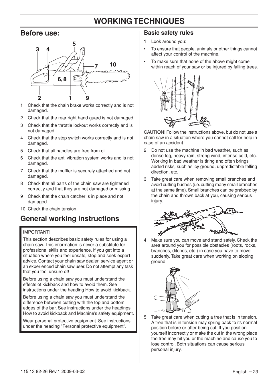 Before use, General working instructions, Basic safety rules | Working techniques | Husqvarna Rancher 455 User Manual | Page 23 / 44