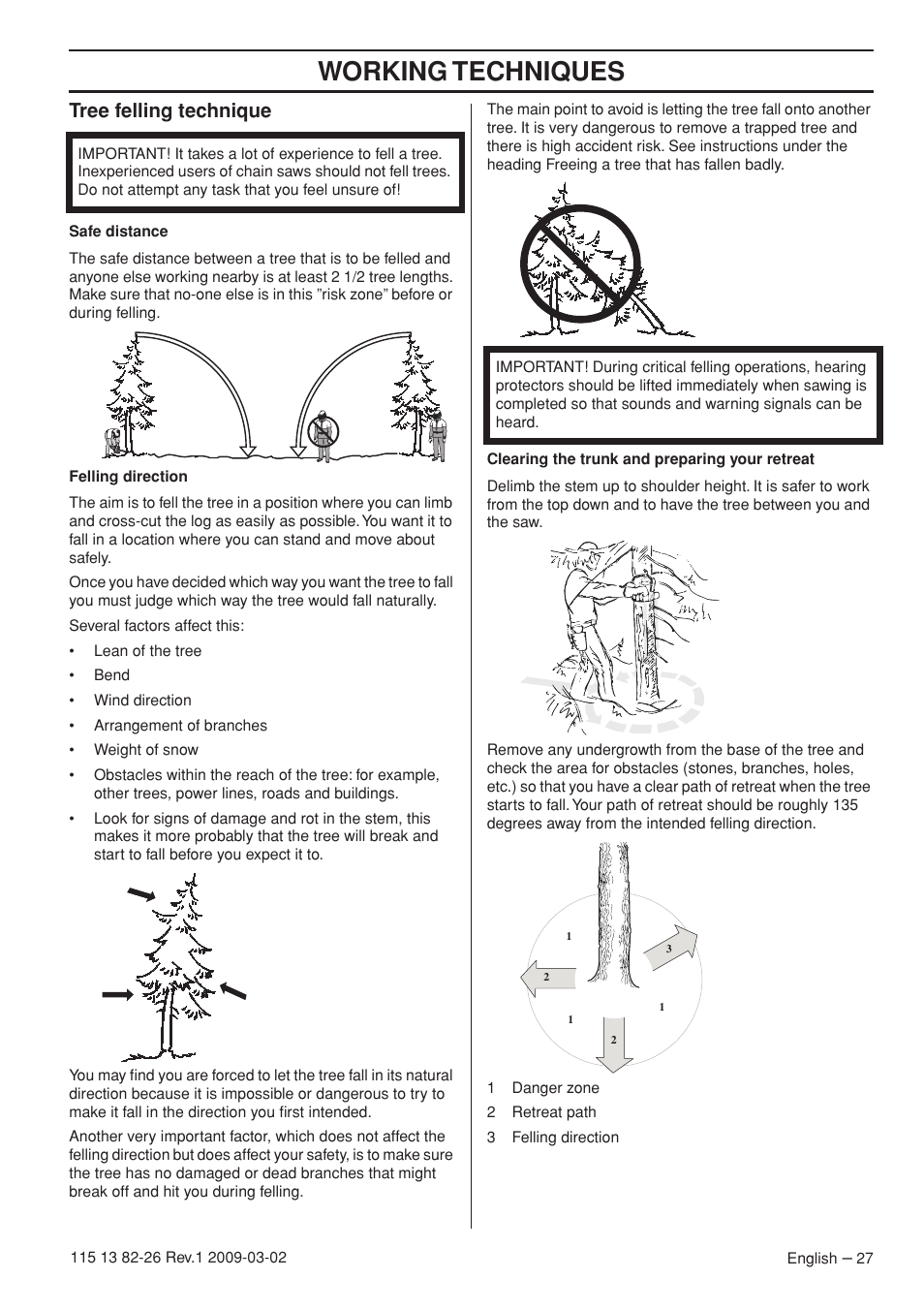 Tree felling technique, Working techniques | Husqvarna Rancher 455 User Manual | Page 27 / 44