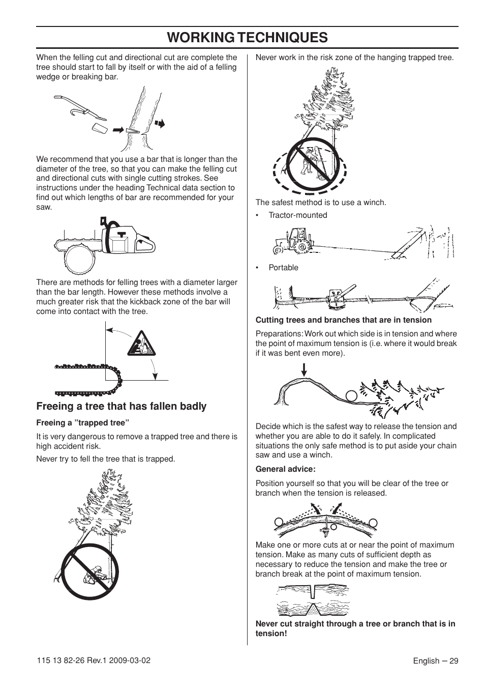 Freeing a tree that has fallen badly, Working techniques | Husqvarna Rancher 455 User Manual | Page 29 / 44