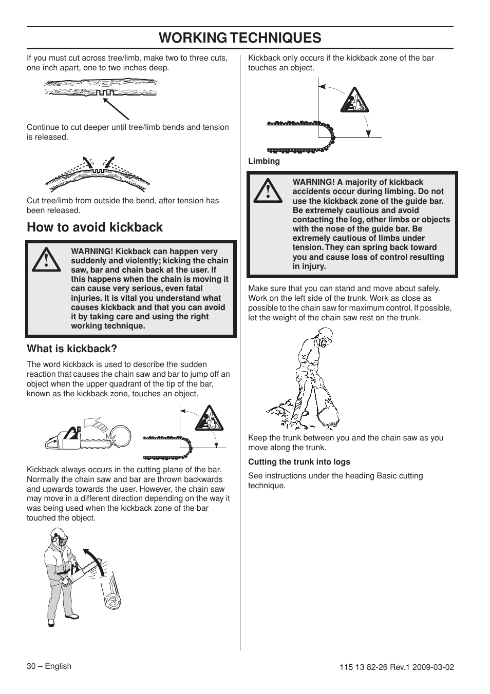 How to avoid kickback, What is kickback, Working techniques | Husqvarna Rancher 455 User Manual | Page 30 / 44