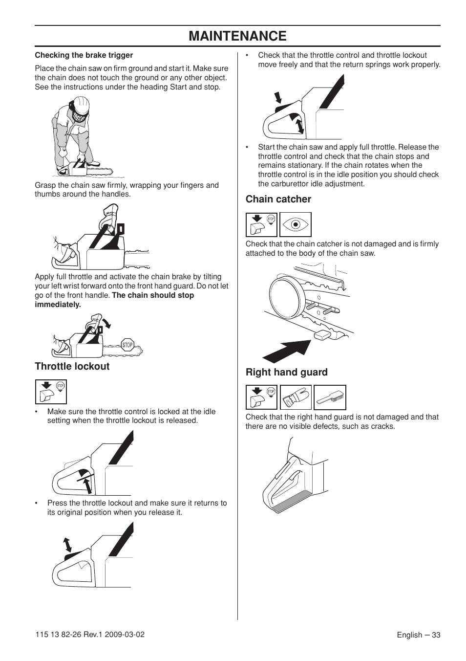 Throttle lockout, Chain catcher, Right hand guard | Maintenance | Husqvarna Rancher 455 User Manual | Page 33 / 44